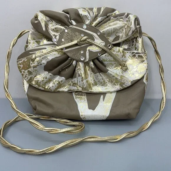 Vintage 80s Terry Toni Shoulder Bag Purse Hand Painted White Gold Leather Brown - Picture 2 of 16